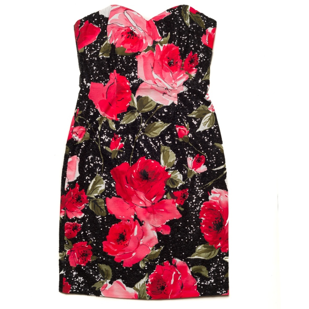 Theia Couture Sequined Strapless Floral Dress